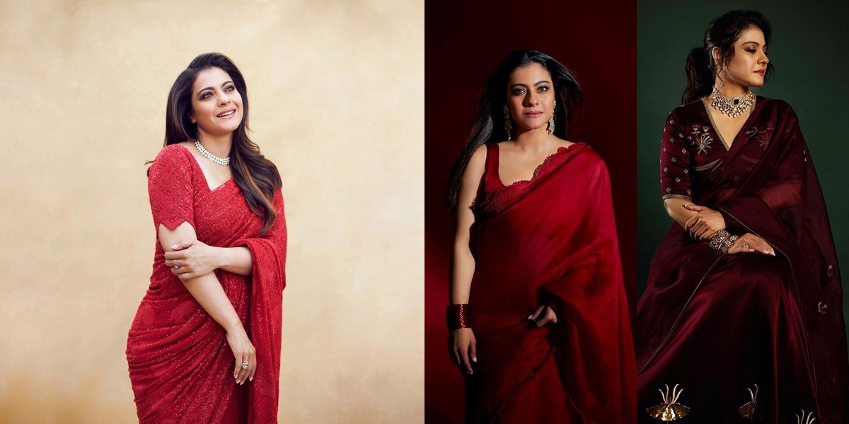 Portrait of Kajol Elegant with Fiery Red Sari, Timeless Beauty