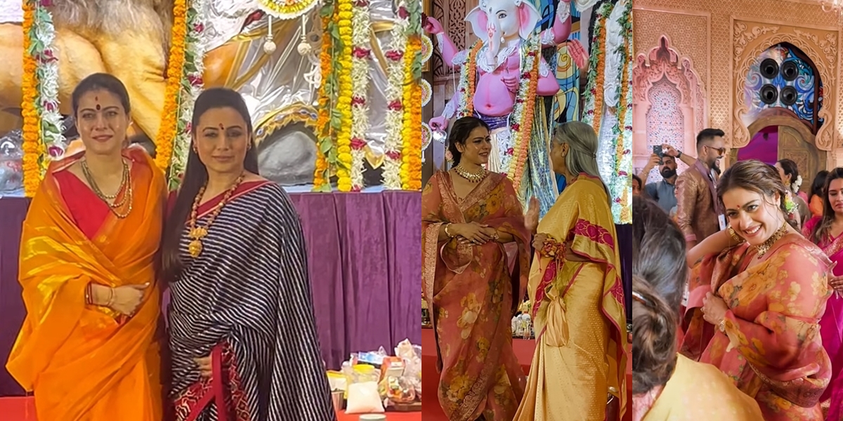 Portrait of Kajol and Rani Mukherjee Celebrating Durga Puja, Beaming Smile - Happy to Meet Jaya Bachchan