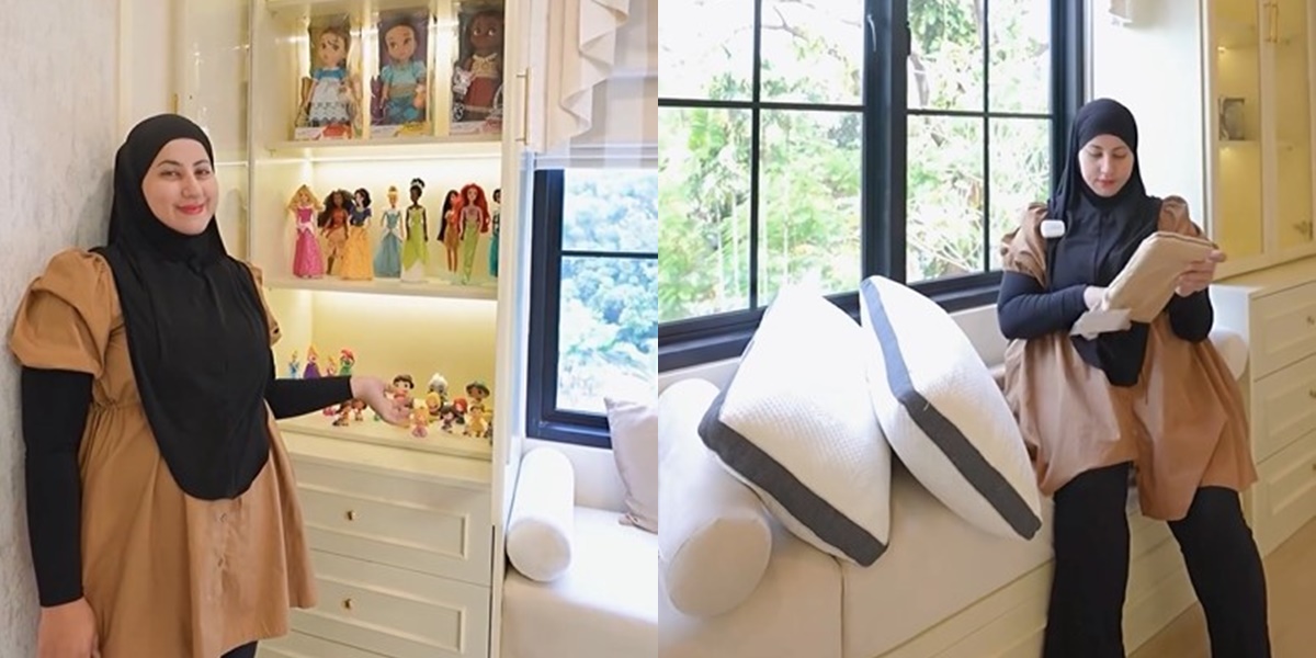 Portrait of Tasyi Athasyia's Master Bedroom After Renovation, Featuring a Gold-Plated TV and a Collection of Harry Potter and Disney Princesses