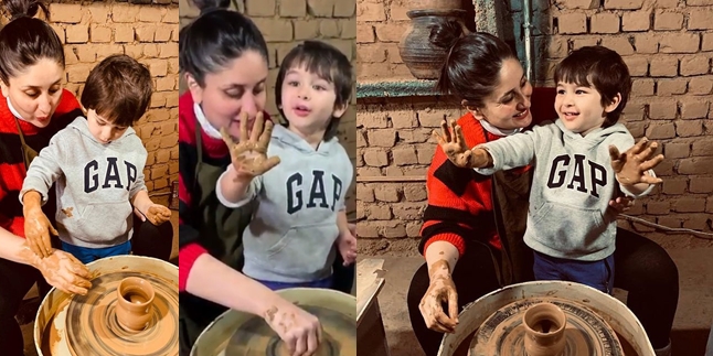 Portrait of Kareena Kapoor and Taimur Making Pottery, Having Fun with Clay!