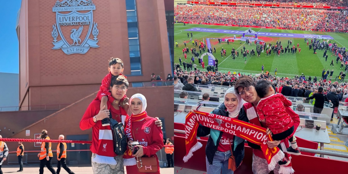 Portrait of Lesti Kejora Watching a Liverpool Match with Her Husband, Both Dressed in Red Jerseys