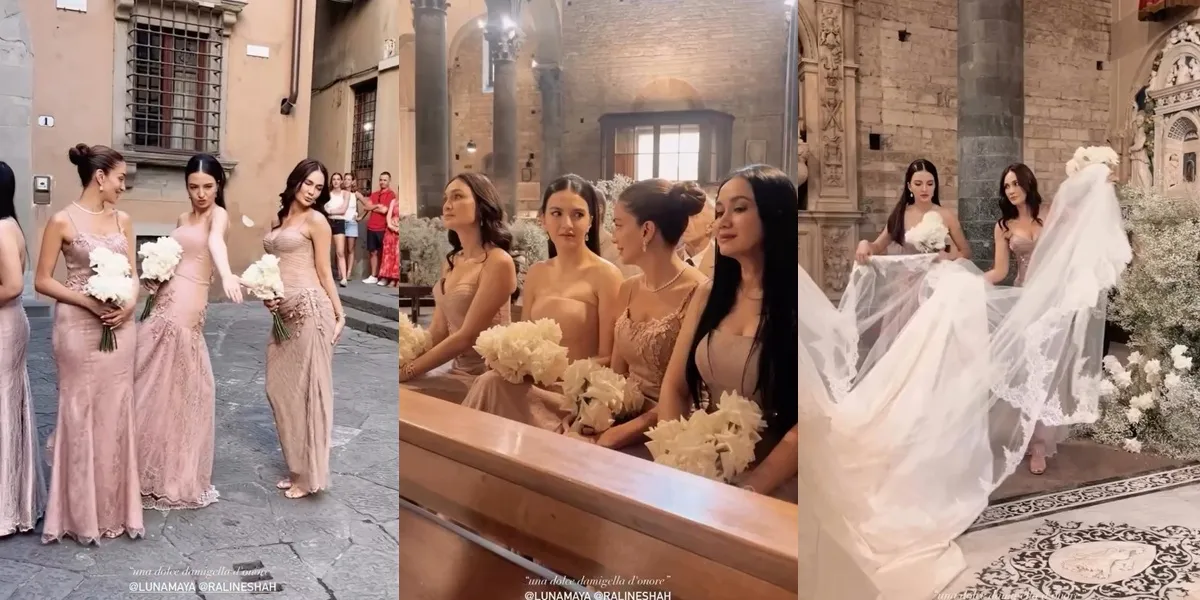 Portrait of Luna Maya and Raline Shah as Bridesmaids for Millane Fernandez, Busy Adjusting the Dress