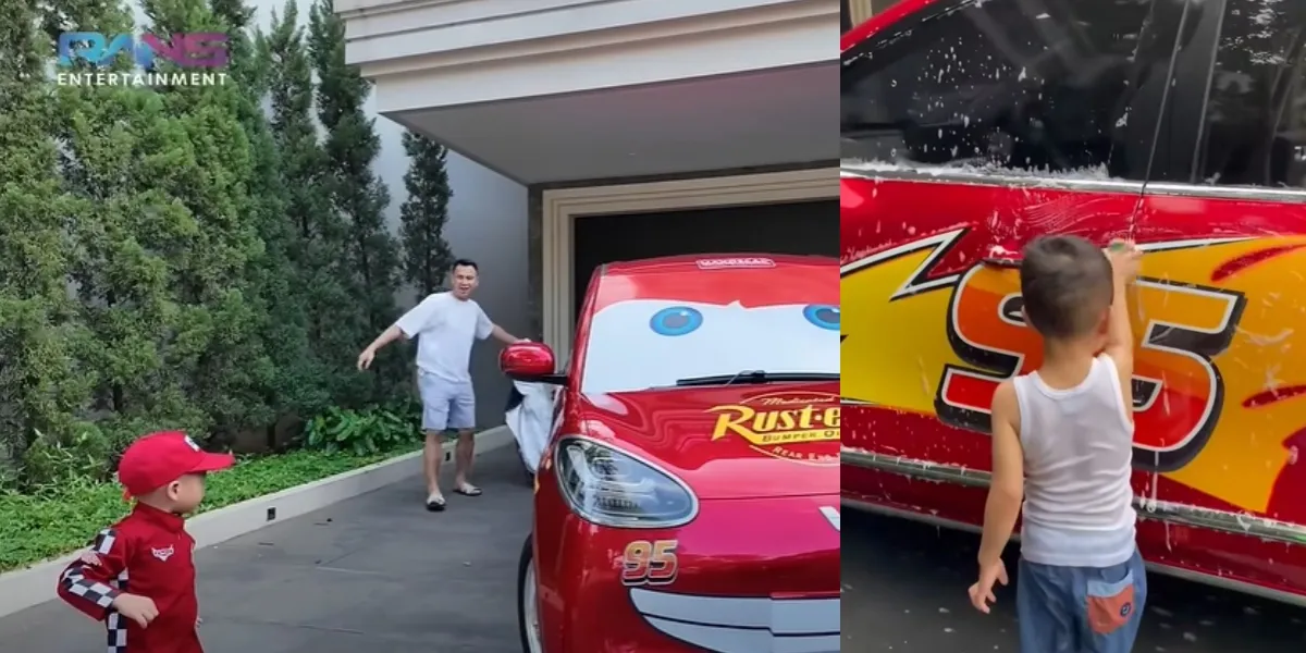 Portrait of Rayyanza, Raffi Ahmad's Son, Washing McQueen Car, Accompanied by Lily