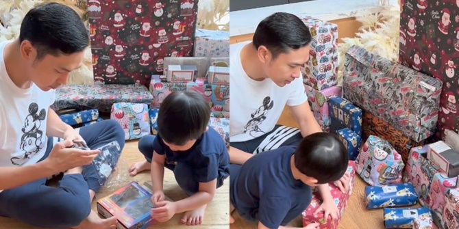 Portrait of Raphael and Papa Harvey Moeis Opening Christmas Gift from 'Santa', Happy to Receive Kingkong and Basketball Ring