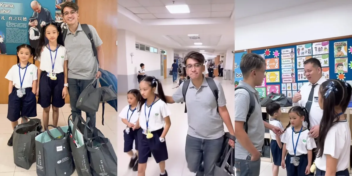Portrait of Ruben Onsu Taking Thalia and Thania on Their First Day of School, Carrying Their Belongings Himself