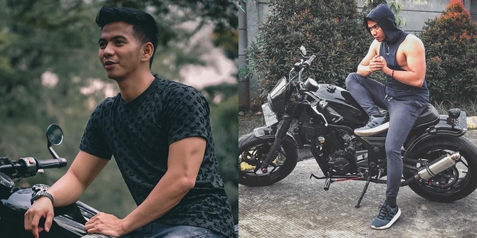 A Series of Photos of Ridho DA Riding a Big Motorcycle, Displaying Handsome and Macho Charisma, Showing Off His Bulging Biceps!