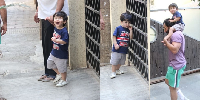 Taimur Joins Saif's Shoot, Asks to be Carried on Shoulders - Shows Happy Laughter