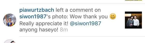 Pia Alonzo Wurtzbach membalas undangan langsung dari Choi Siwon. ©soompi.com