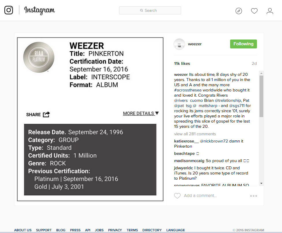 'PINKERTON' dianugerahi Platinum tepat 8 hari sebelum Weezer merayakan anniversary ke-20 © instagram.com/weezer