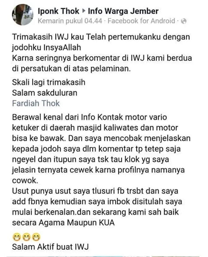 Curhatan Iponk Thok ketemu jodoh gara-gara perang komentar (Credit: facebook.com/iponk.thok)