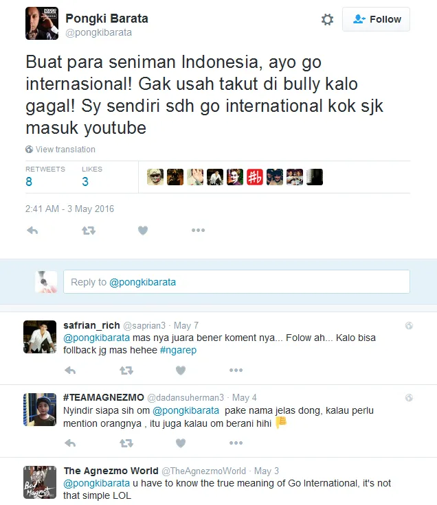 Tulisan Pongki 'diserang' fans Agnez © Twitter/pongkibarata