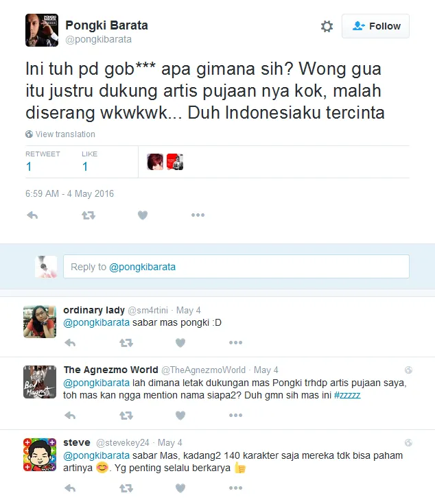 Pongki kesal karena para NIC salah tangkap maksud tulisannya © Twitter/pongkibarata