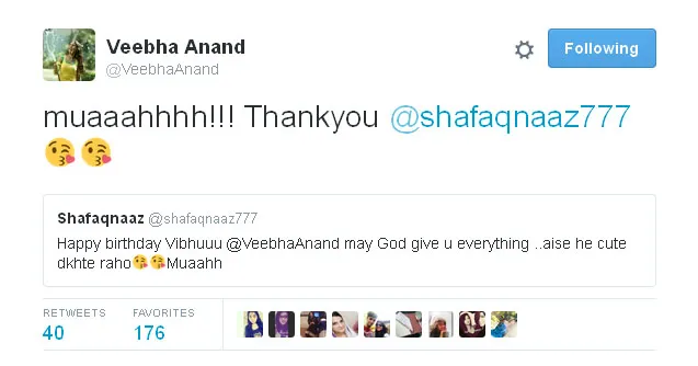Shafaq memberikan ucapan pada Vibha lewat kicauan © Twitter.com/VeebhaAnand