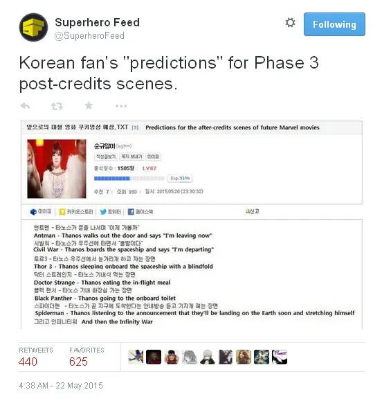 Prediksi yang dibuat oleh netizen Korea tentang film Marvel © twitter.com/superherofeed