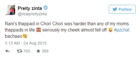 Preity menyebut tamparan Rani lebih sakit daripada yang dilakukan ibunya. ©twitter/realpreityzinta
