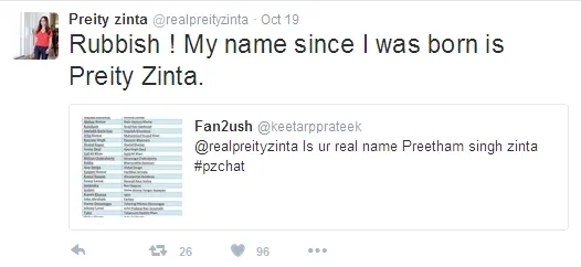 Preity membantah nama aslinya Prethaam Singh Zinta ©twitter/realpreityzinta