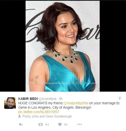 Kabir Bedi aktor pertama yang beri ucapan selamat ke Preity © Twitter.com/iKabirBedi