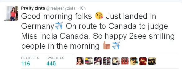 Ini dia kicauan Preity saat melancong ke Kanada @twitter.com/realpreityzinta
