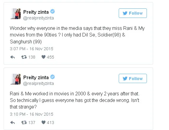 Preity Zinta protes disebut aktris 90-an © Twitter.com/realpreityzinta