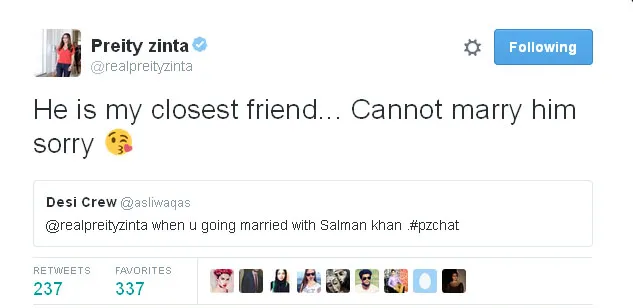 Ini dia kicauan Preity yang menjawab pertanyaan dari fans @twitter.com/realpreityzinta