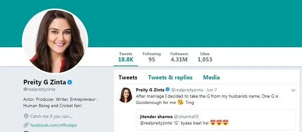 Preity kini memakai nama sang suami ©twitter/realpreityzinta