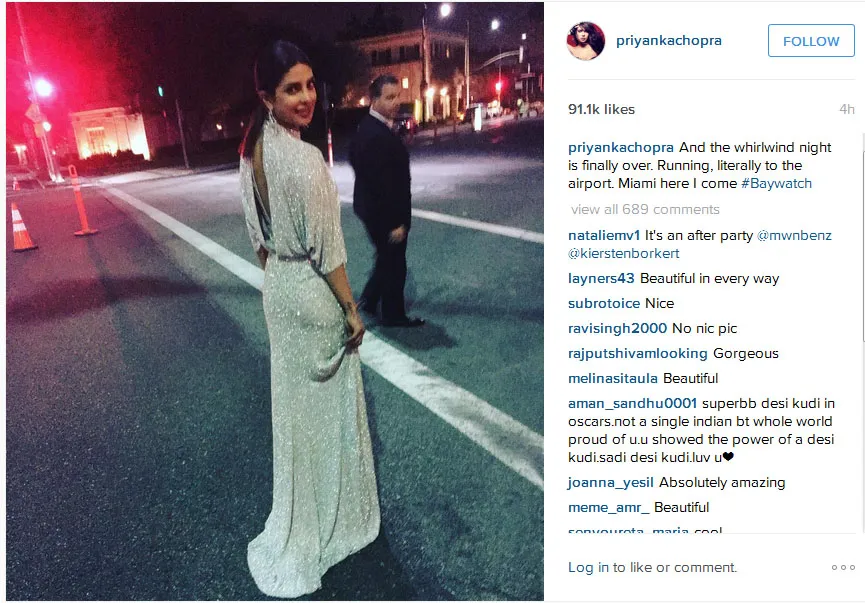 Priyanka segera menuju bandara usai menghadiri sejenak after party Oscar © Instagram.com/priyankachopra