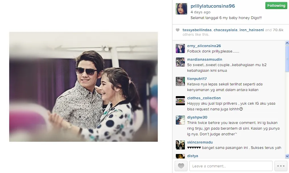 Prilly sebut Aliando 'Honey' di caption foto ini. / Prilly Official Instagram
