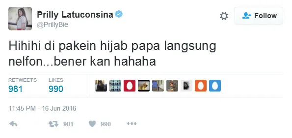 Mengenakan hijab, Prilly langsung banjir pujian © twitter.com/PrillyBie