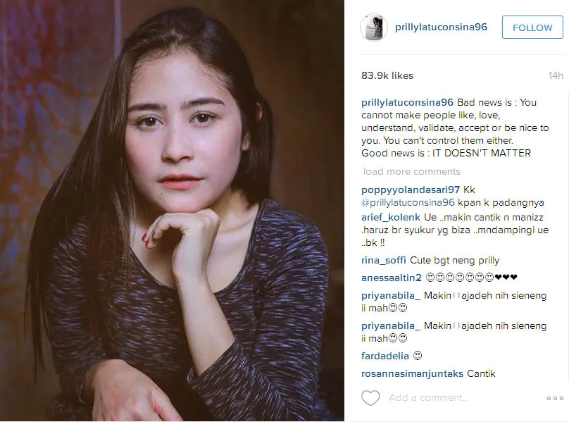 Prilly cuek dengan perlakuan haters © Instagram.com/prillylatuconsina96