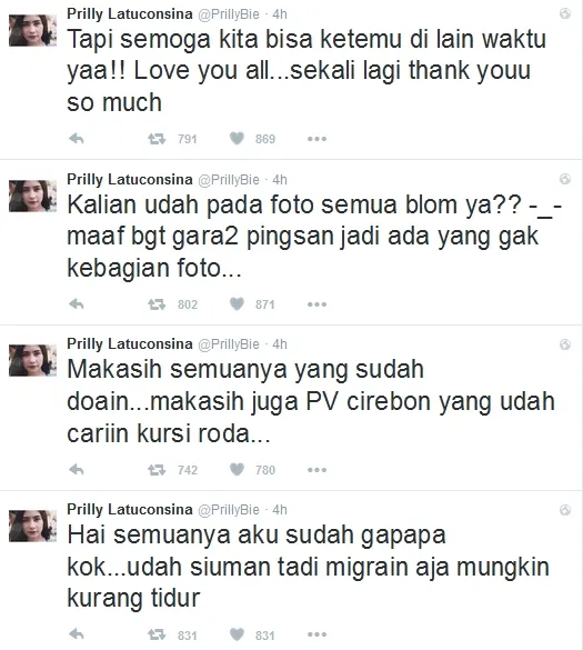 Sempat pingsan, Prilly minta maaf pada fans © Twitter/PrillyBie