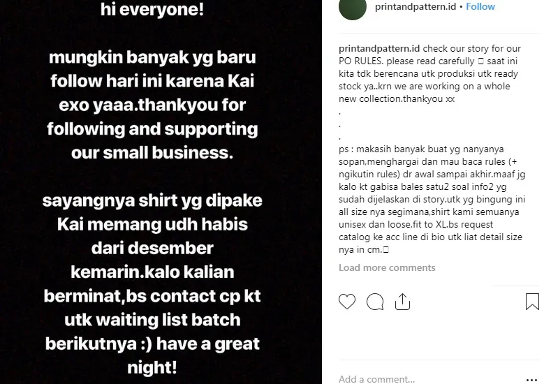 Pengumuman soal PO Kemeja Yang Dipakai Kai © instagram.com/printpattern.id