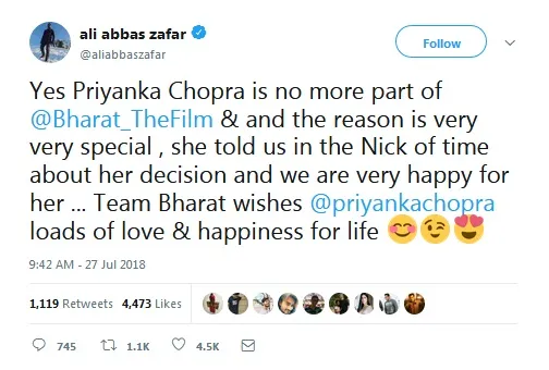 Ali benarkan Priyanka mundur dari BHARAT ©twitter