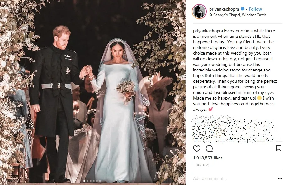 Priyanka Chopra ungkap hal manis ini di pernikahan Meghan Markle ©instagram/priyankachopra