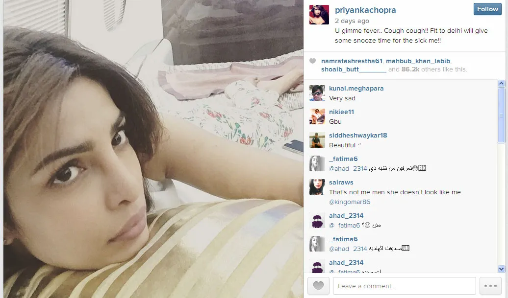 Demam dan influenza membuat Priyanka Chopra harus terbaring lemah di tempat tidur @instagram.com/priyankachopra