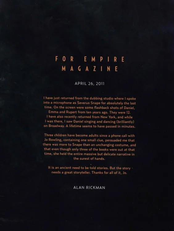 Surat perpisahan alan untuk peran profesor snape © Picture: Empire
