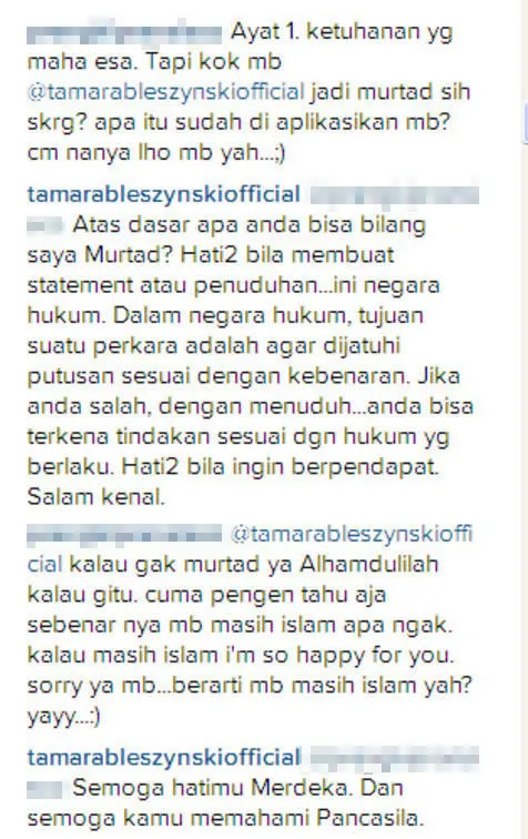 Adu komentar Tamara Bleszynski dengan netizen © Instagram.com/tamarableszynskiofficial
