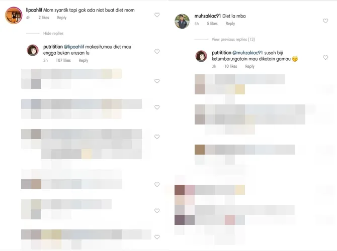 Putri Titian membalas komentar netizen yang menyuruhnya diet. © Instagram/putrititian