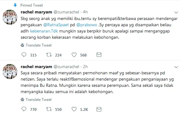 Rachel Maryam minta maaf / Credit: Twitter - cumarachel