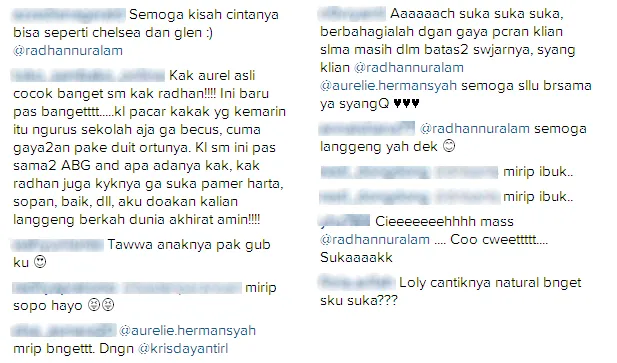 Komentar netizen mengenai Radhan dan Aurel © Instagram/radhannuralam