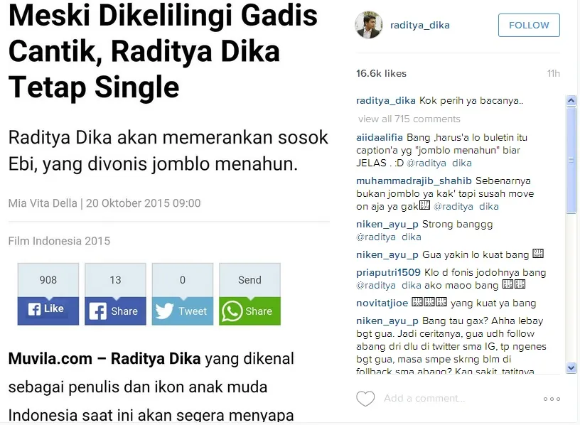 'Curhatan' bikin ngakat Dika di IG © instagram.com/raditya_dika
