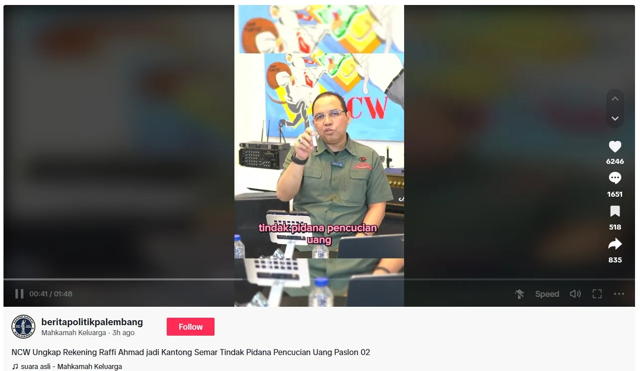 Tudingan NCW kepada Raffi ©TikTok/nasionalcorruption