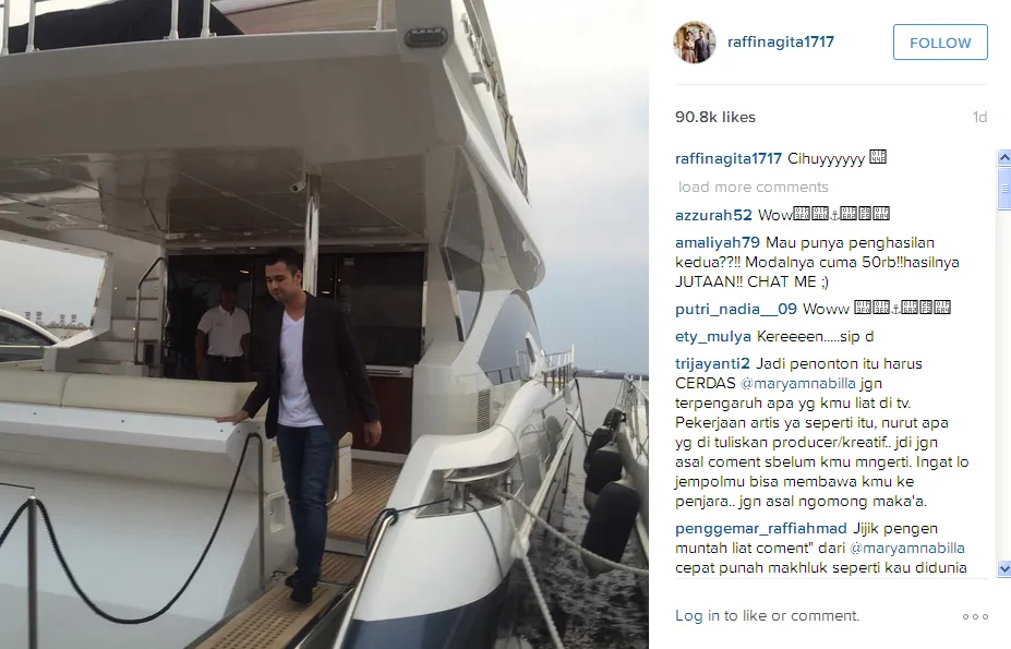 Foto Raffi naik yacht yang bikin netizen berdebat © Instagram.com/@raffinagita1717