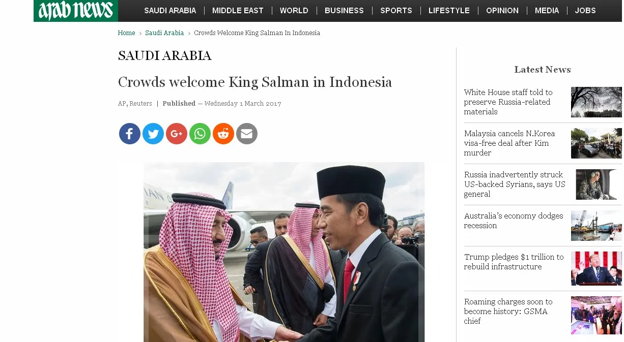 Berita Kedatangan Raja Salman di Media Arab © Arab News