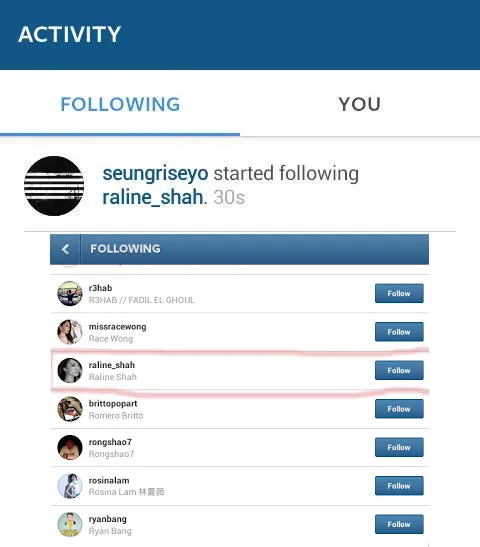 Seungri Big Bang yang langsung memfollow Instagram Raline Shah kala pertama berkenalan. ©istimewa