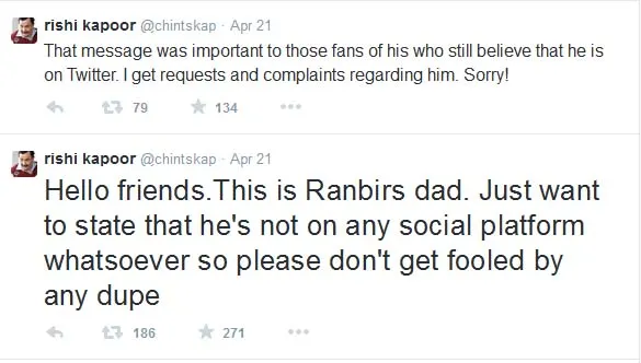 Rishi Kapoor tegaskan Ranbir tak punya akun Twitter. @twitter/chintskap