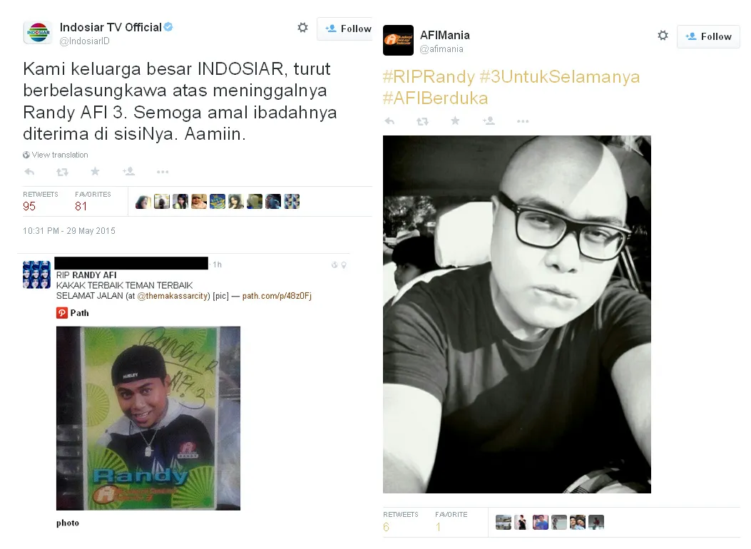 Inilah beberapa ucapan duka yang dilayangkan pada Randy AFI 3 melalui Twitter ©Twitter