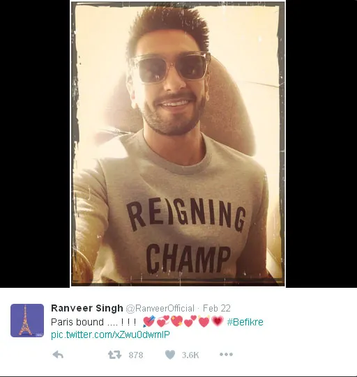 Ranveer menuju Paris untuk syuting film terbarunya © Twitter.com/RanveerOfficial