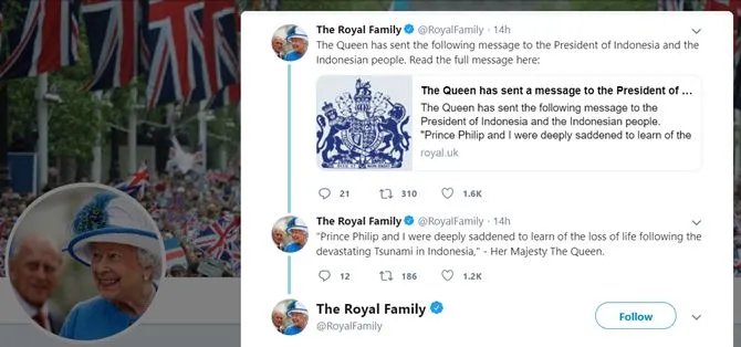 Pesan belangsungkawa Ratu Elizabeth  (credit: twiiter @RoyalFamily)