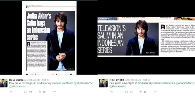 Ini pemberitaan media India tentang sinetron terbaru Ravi di Indonesia © Twitter.com/ravibhatia333