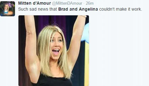 Orang-orang mulai penasaran bagaimana reaksi atau respon Jennifer Aniston dengan kabar perceraian ini © twitter.com/DailyMailCeleb
